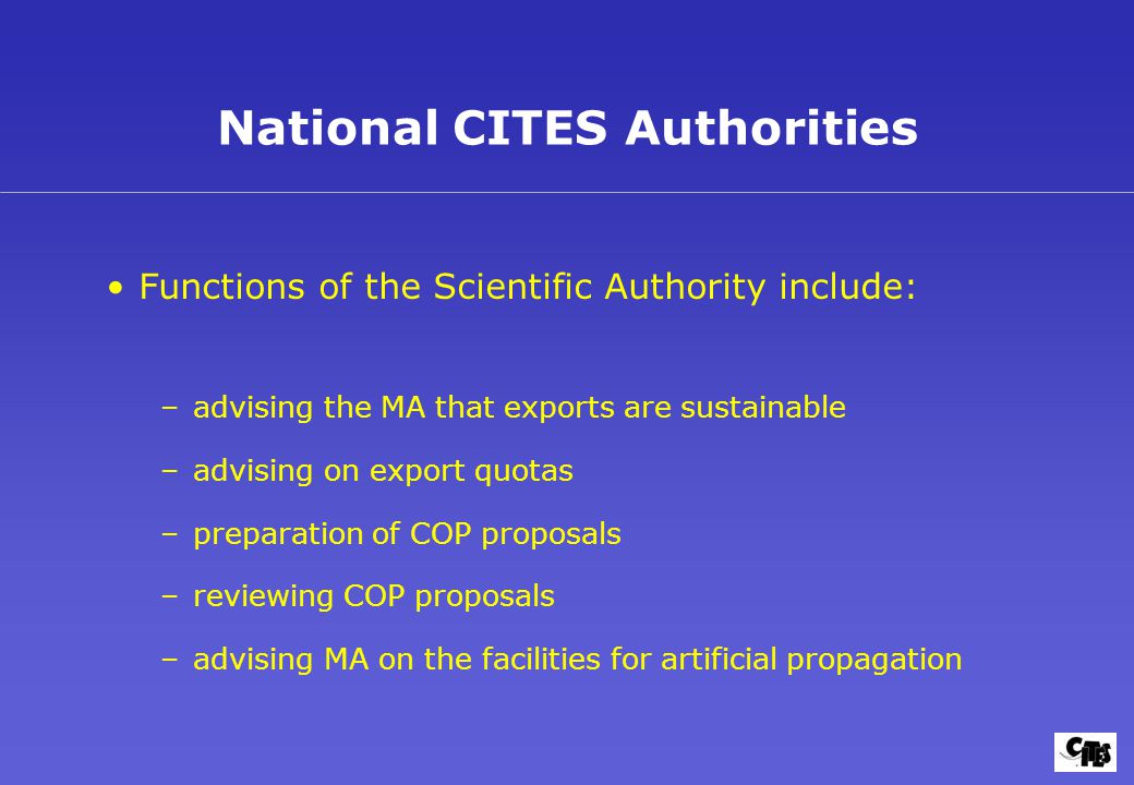 National CITES Authorities Functions of the Scientific Authority include: –advising the MA that exports are sustainable –advising on export quotas –preparation of COP proposals –reviewing COP proposals –advising MA on the facilities for artificial propagation