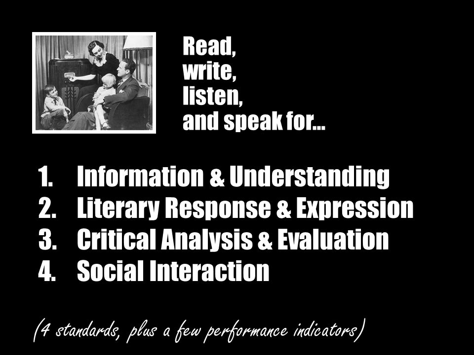 1.Information & Understanding 2.Literary Response & Expression 3.Critical Analysis & Evaluation 4.Social Interaction Read, write, listen, and speak for… (4 standards, plus a few performance indicators)