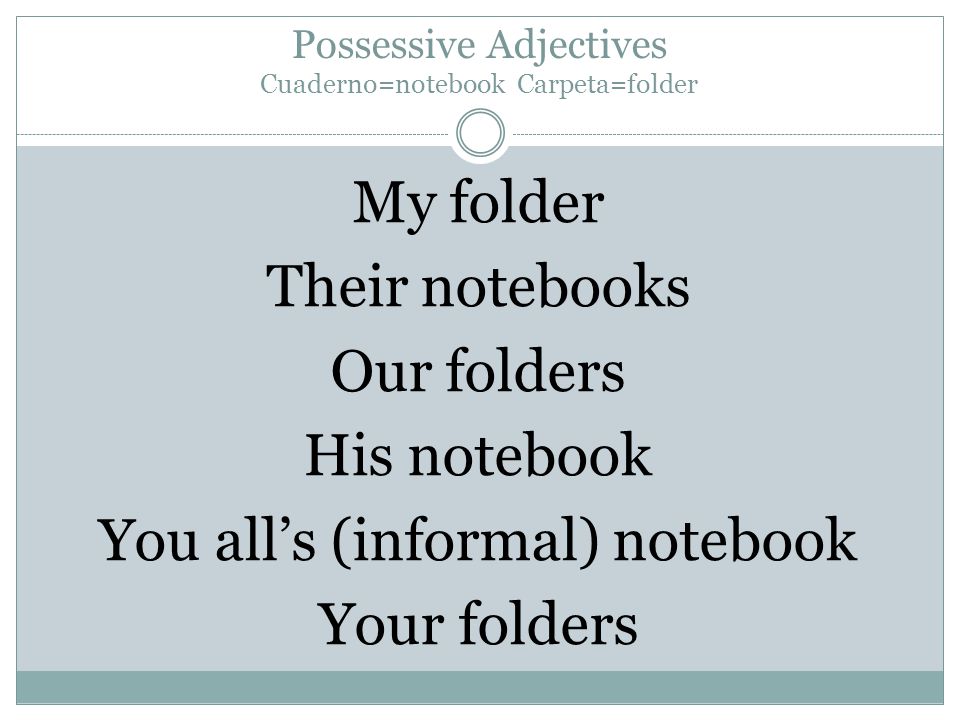 Possessive Adjectives Cuaderno=notebook Carpeta=folder My folder Their notebooks Our folders His notebook You all’s (informal) notebook Your folders