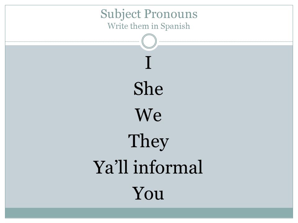 Subject Pronouns Write them in Spanish I She We They Ya’ll informal You