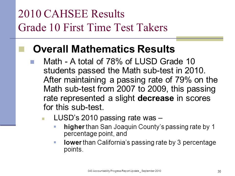 043 Accountability Progress Report Update _ September CAHSEE Results Grade 10 First Time Test Takers Overall Mathematics Results Math - A total of 78% of LUSD Grade 10 students passed the Math sub-test in 2010.