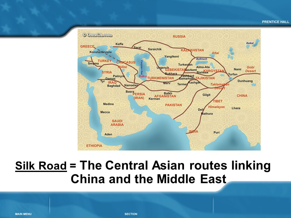 Silk Road = The Central Asian routes linking China and the Middle East