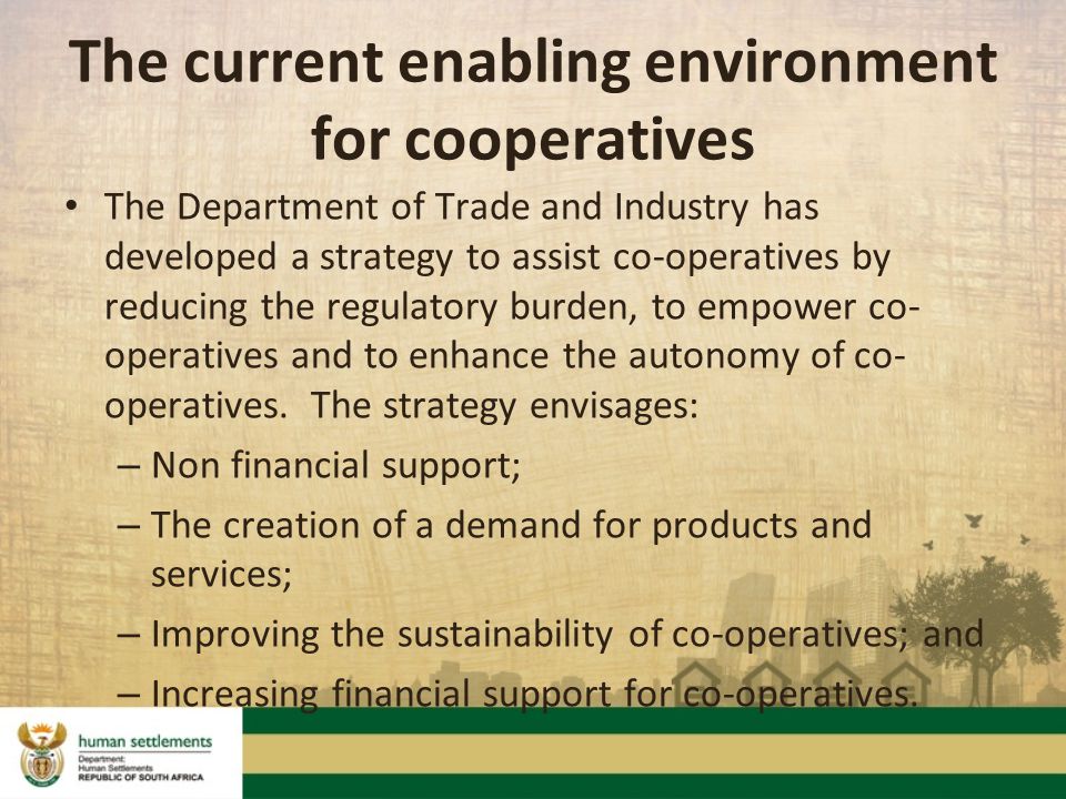 The Department of Trade and Industry has developed a strategy to assist co-operatives by reducing the regulatory burden, to empower co- operatives and to enhance the autonomy of co- operatives.