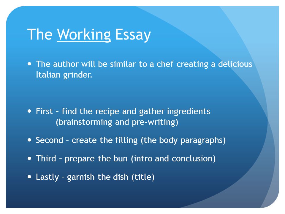 The Working Essay The author will be similar to a chef creating a delicious Italian grinder.