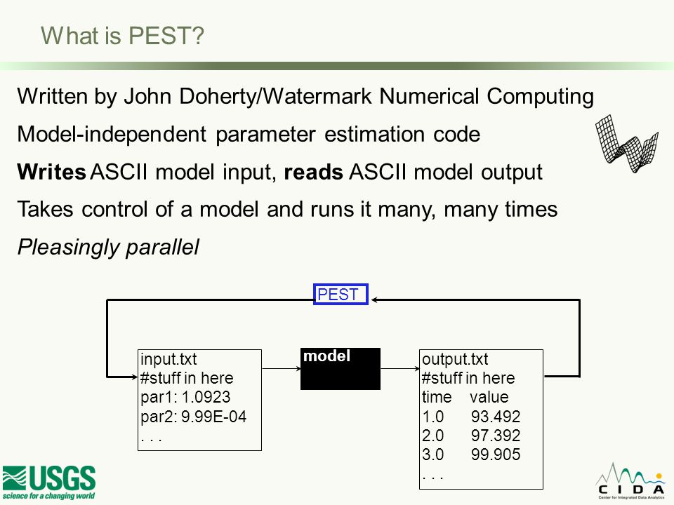 Written by John Doherty/Watermark Numerical Computing Model-independent parameter estimation code Writes ASCII model input, reads ASCII model output Takes control of a model and runs it many, many times Pleasingly parallel input.txt #stuff in here par1: par2: 9.99E-04...