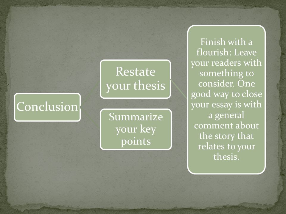 Conclusion Restate your thesis Finish with a flourish: Leave your readers with something to consider.