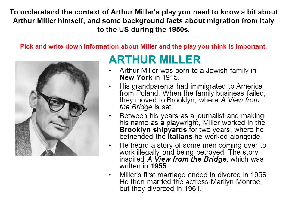 Introducing the play, A View from the Bridge by Arthur Miller Learning  objectives: introduce the play raise key themes through drama introduce  playwright. - ppt download