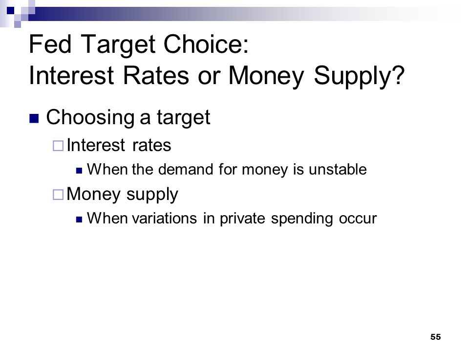 55 Choosing a target  Interest rates When the demand for money is unstable  Money supply When variations in private spending occur Fed Target Choice: Interest Rates or Money Supply