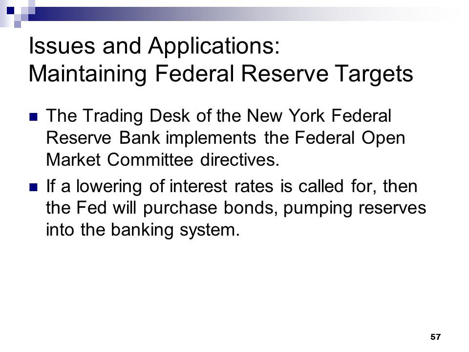 57 Issues and Applications: Maintaining Federal Reserve Targets The Trading Desk of the New York Federal Reserve Bank implements the Federal Open Market Committee directives.