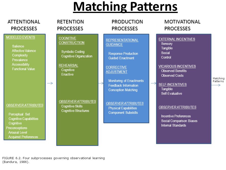 Matching Patterns ATTENTIONAL PROCESSES RETENTION PROCESSES PRODUCTION PROCESSES MOTIVATIONAL PROCESSES MODELED EVENTS Salience Affective Valence Complexity Prevalence Accessibility Functional Value OBSERVER ATTRIBUTES Perceptual Set Cognitive Capabilities Cognitive Preconceptions Arousal Level Acquired Preferences COGNITIVE CONSTRUCTION Symbolic Coding Cognitive Organization REHEARSAL Cognitive Enactive OBSERVER ATTRIBUTES Cognitive Skills Cognitive Structures REPRESENTATIONAL GUIDANCE Response Production Guided Enactment CORRECTIVE ADJUSTMENT Monitoring of Enactments Feedback Information Conception Matching OBSERVER ATTRIBUTES Physical Capabilities Component Subskills EXTERNAL INCENTIVES Sensory Tangible Social Control VICARIOUS INCENTIVES Observed Benefits Observed Costs SELF-INCENTIVES Tangible Self-Evaluative OBSERVER ATTRIBUTES Incentive Preferences Social Comparison Biases Internal Standards FIGURE 6.2.