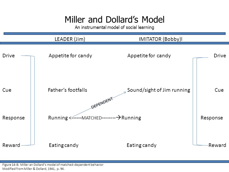 Miller and Dollard’s Model An instrumental model of social learning LEADER (Jim) IMITATOR (Bobby)l Drive Appetite for candy Appetite for candy Drive Cue Father’s footfalls Sound/sight of Jim running Cue Response Running < MATCHED  Running Response Reward Eating candy Eating candy Reward Figure 14-8: Miller an Dollard’s model of matched-dependent behavior Modified from Miller & Dollard, 1941, p.