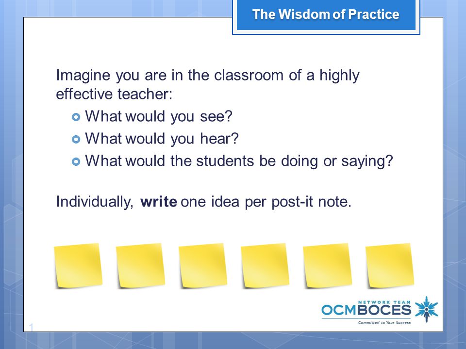 Imagine you are in the classroom of a highly effective teacher:  What would you see.