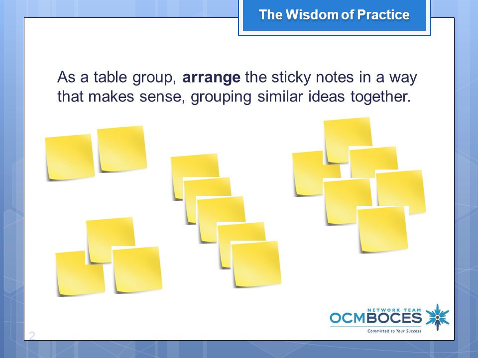 As a table group, arrange the sticky notes in a way that makes sense, grouping similar ideas together.