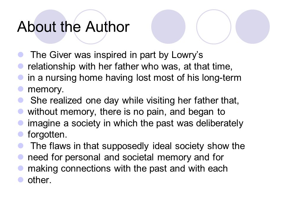 About the Author The Giver was inspired in part by Lowry’s relationship with her father who was, at that time, in a nursing home having lost most of his long-term memory.