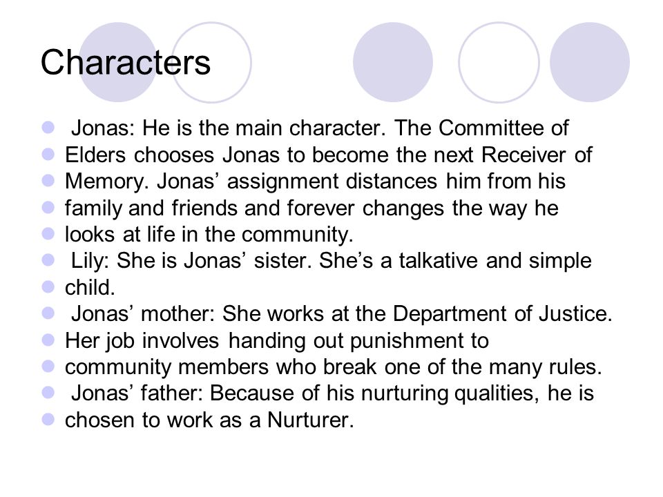 Characters Jonas: He is the main character.