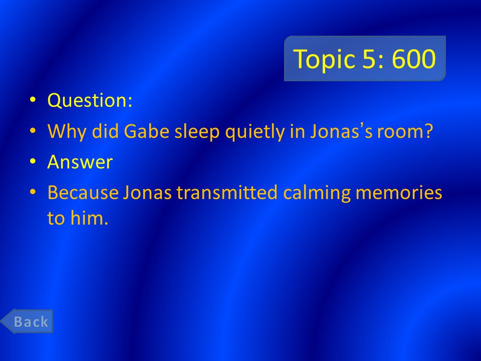 Topic 5: 600 Question: Why did Gabe sleep quietly in Jonas’s room.