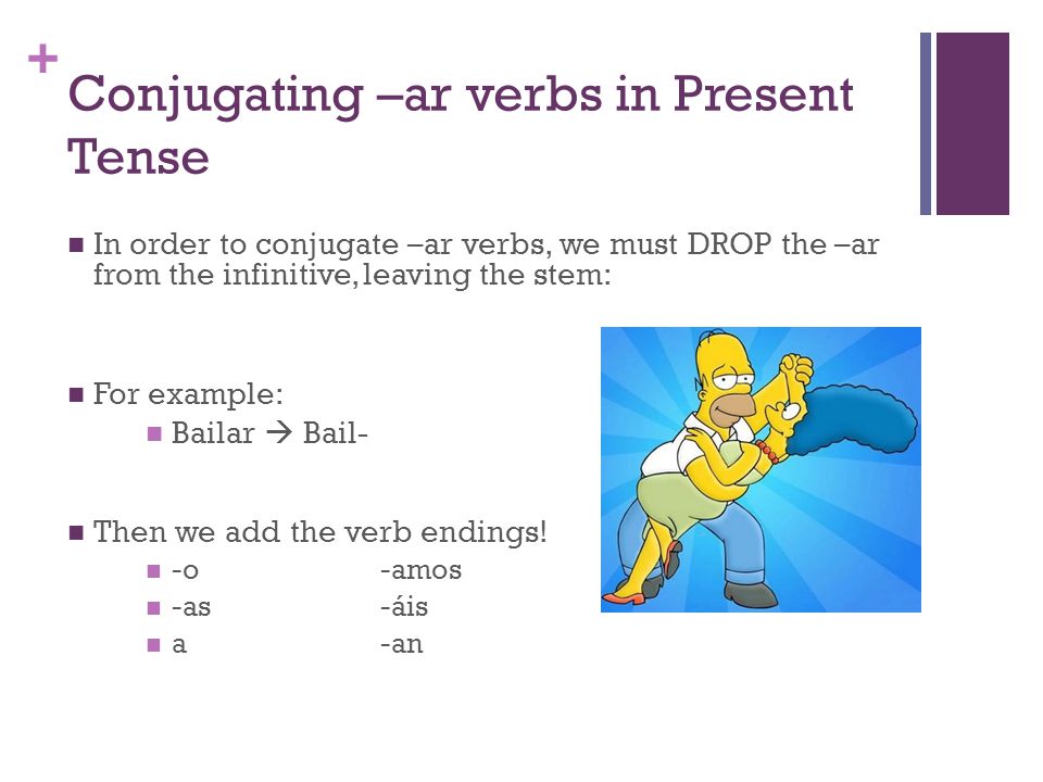 + Conjugating –ar verbs in Present Tense In order to conjugate –ar verbs, we must DROP the –ar from the infinitive, leaving the stem: For example: Bailar  Bail- Then we add the verb endings.