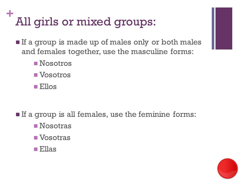 + All girls or mixed groups: If a group is made up of males only or both males and females together, use the masculine forms: Nosotros Vosotros Ellos If a group is all females, use the feminine forms: Nosotras Vosotras Ellas