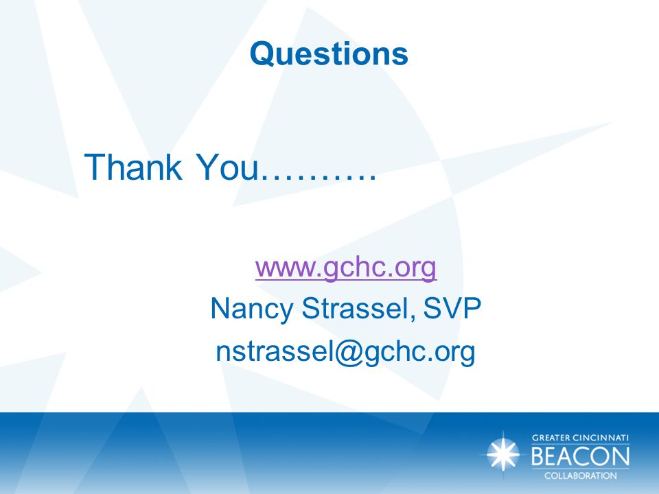 Questions Thank You……….   Nancy Strassel, SVP
