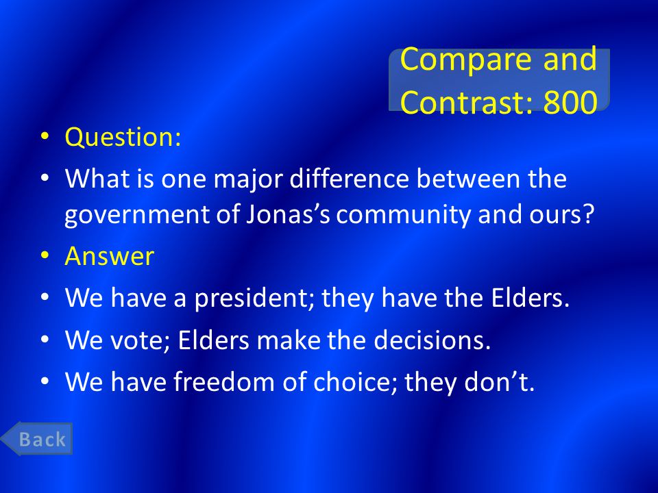 Compare and Contrast: 800 Question: What is one major difference between the government of Jonas’s community and ours.