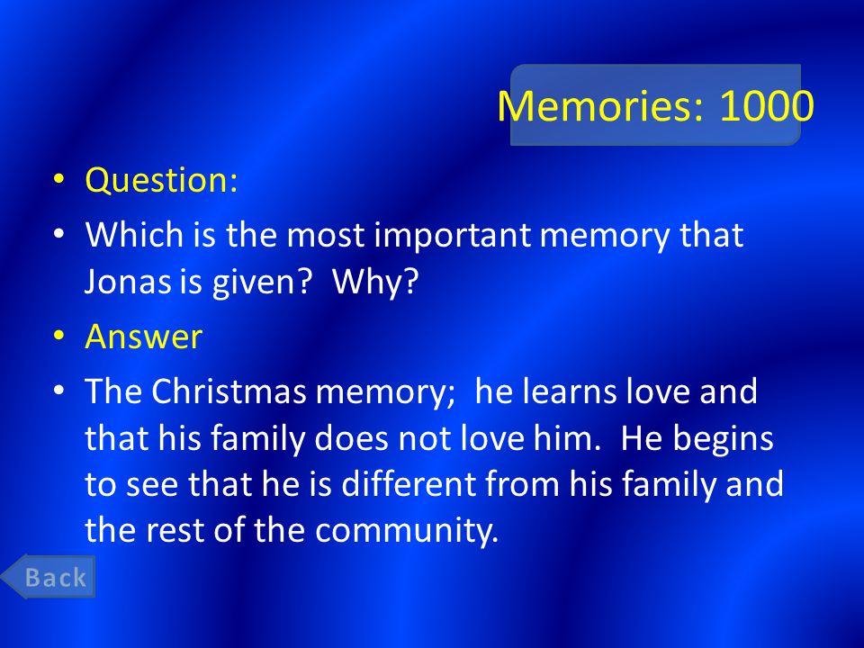 Memories: 1000 Question: Which is the most important memory that Jonas is given.