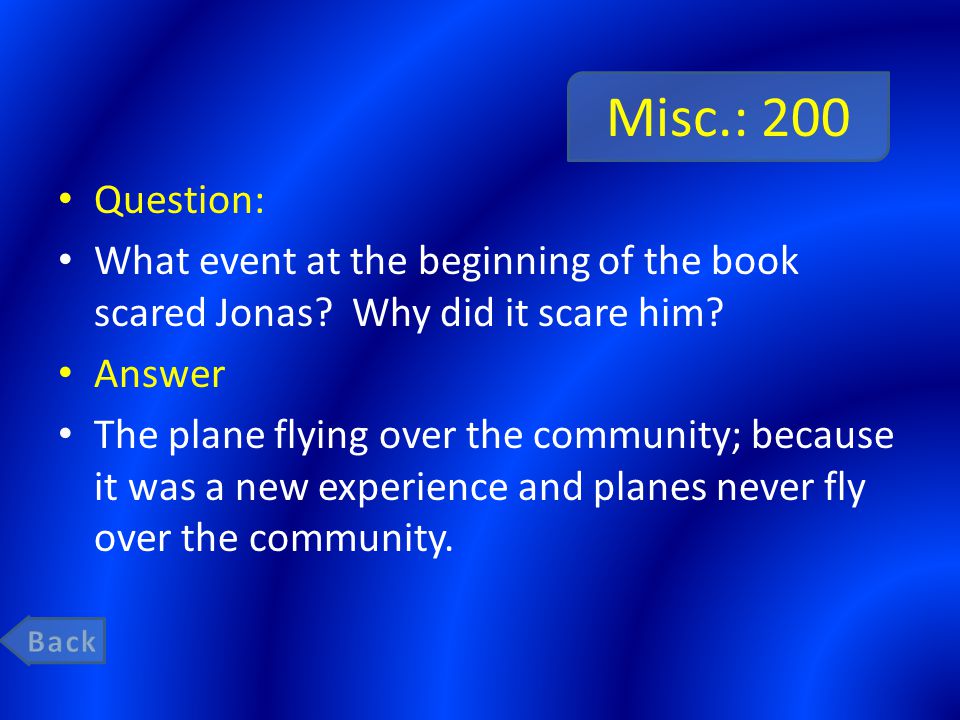 Misc.: 200 Question: What event at the beginning of the book scared Jonas.