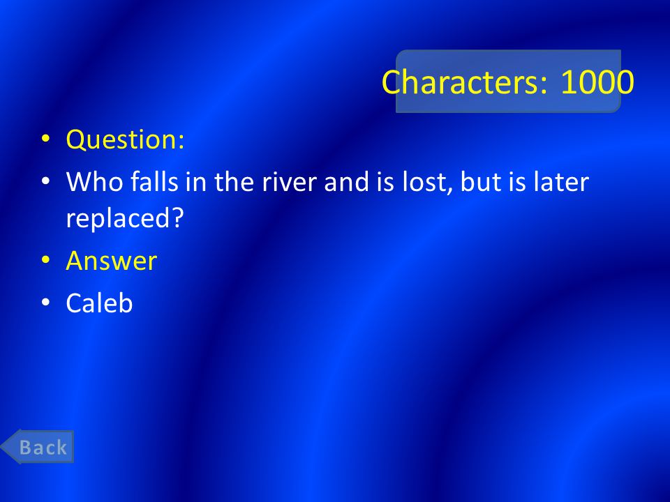 Characters: 1000 Question: Who falls in the river and is lost, but is later replaced Answer Caleb