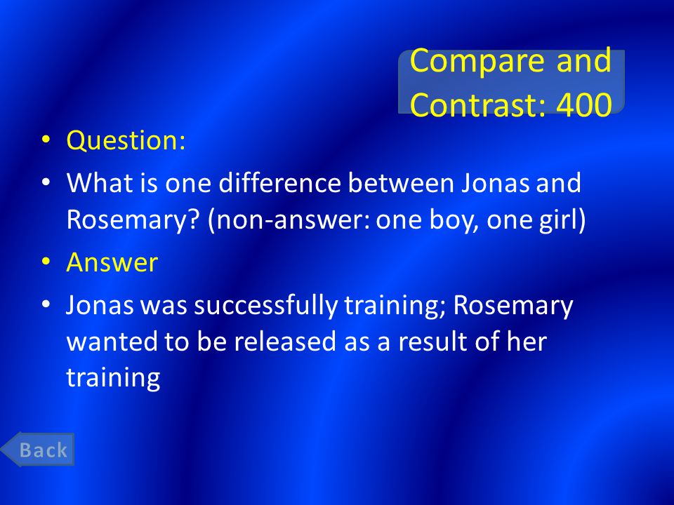 Compare and Contrast: 400 Question: What is one difference between Jonas and Rosemary.