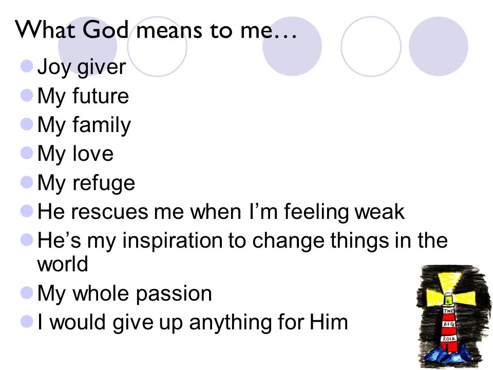 What God means to me… Joy giver My future My family My love My refuge He rescues me when I’m feeling weak He’s my inspiration to change things in the world My whole passion I would give up anything for Him
