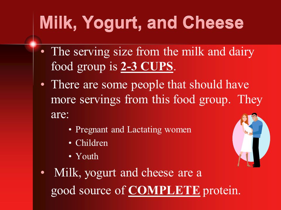 Milk, Yogurt, and Cheese The serving size from the milk and dairy food group is 2-3 CUPS.