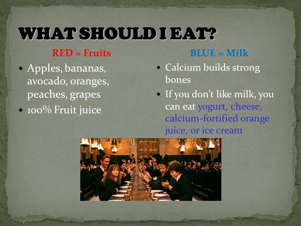 RED = Fruits Apples, bananas, avocado, oranges, peaches, grapes 100% Fruit juice BLUE = Milk Calcium builds strong bones If you don’t like milk, you can eat yogurt, cheese, calcium-fortified orange juice, or ice cream
