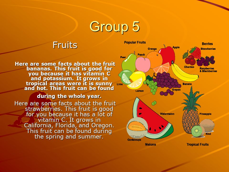 Group 5 Fruits Here are some facts about the fruit bananas.
