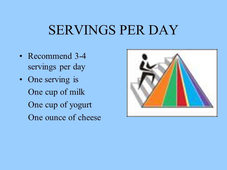 SERVINGS PER DAY Recommend 3-4 servings per day One serving is One cup of milk One cup of yogurt One ounce of cheese