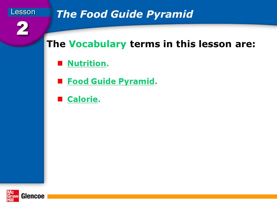 The Food Guide Pyramid The Vocabulary terms in this lesson are: Nutrition.