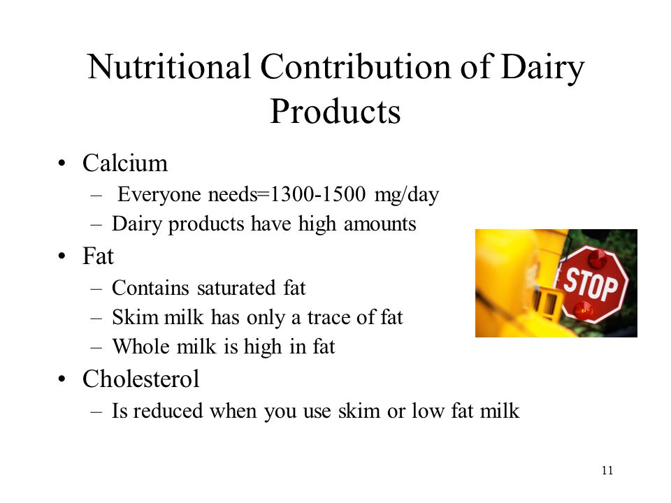 11 Nutritional Contribution of Dairy Products Calcium – Everyone needs= mg/day –Dairy products have high amounts Fat –Contains saturated fat –Skim milk has only a trace of fat –Whole milk is high in fat Cholesterol –Is reduced when you use skim or low fat milk