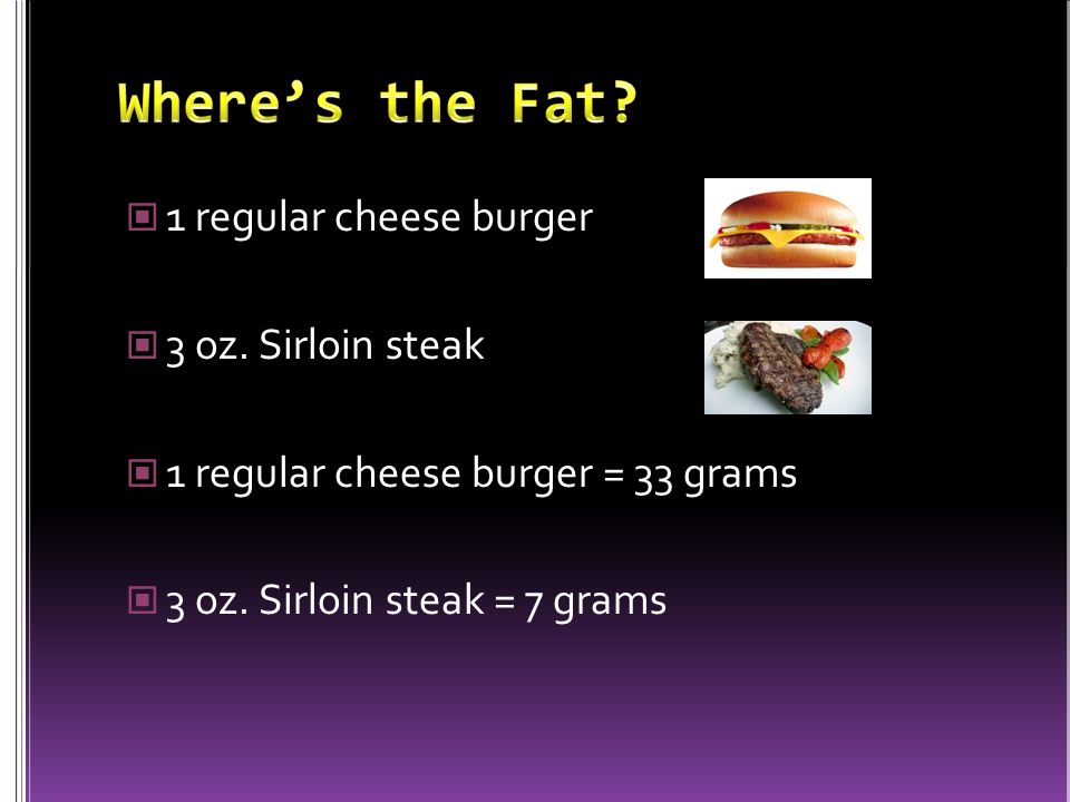 1 Cup Spaghetti And Meat Small Taco 1 Regular Cheese Burger 3 Oz Sirloin Steak 33 Grams