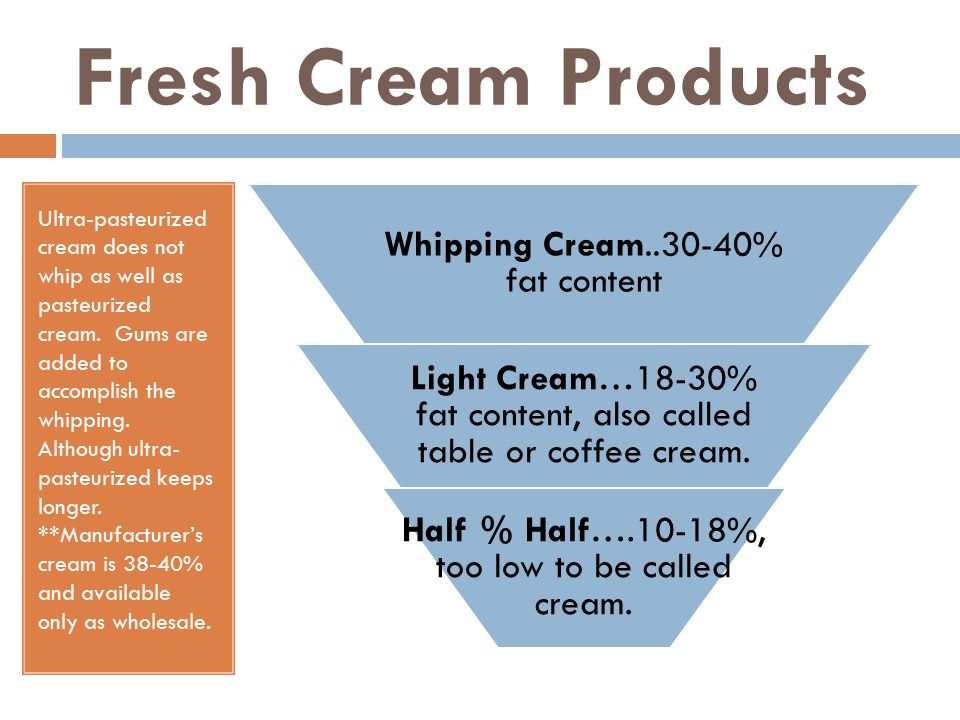 Fresh Cream Products Ultra-pasteurized cream does not whip as well as pasteurized cream.