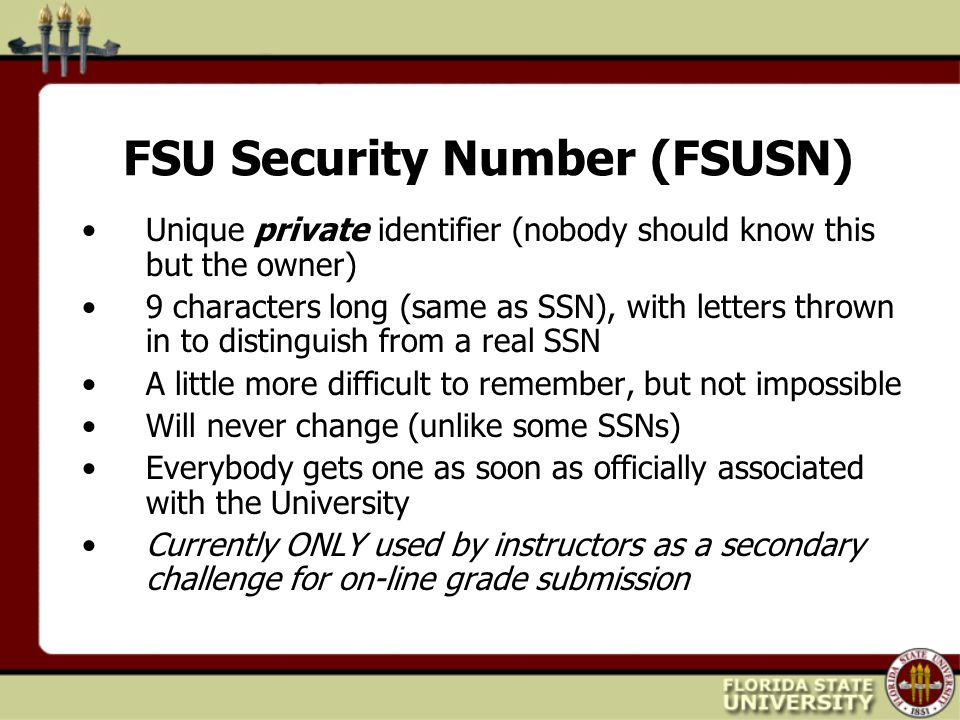 FSU Security Number (FSUSN) Unique private identifier (nobody should know this but the owner) 9 characters long (same as SSN), with letters thrown in to distinguish from a real SSN A little more difficult to remember, but not impossible Will never change (unlike some SSNs) Everybody gets one as soon as officially associated with the University Currently ONLY used by instructors as a secondary challenge for on-line grade submission