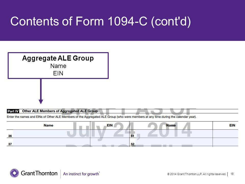 Contents of Form 1094-C (cont d) Aggregate ALE Group Name EIN © 2014 Grant Thornton LLP.
