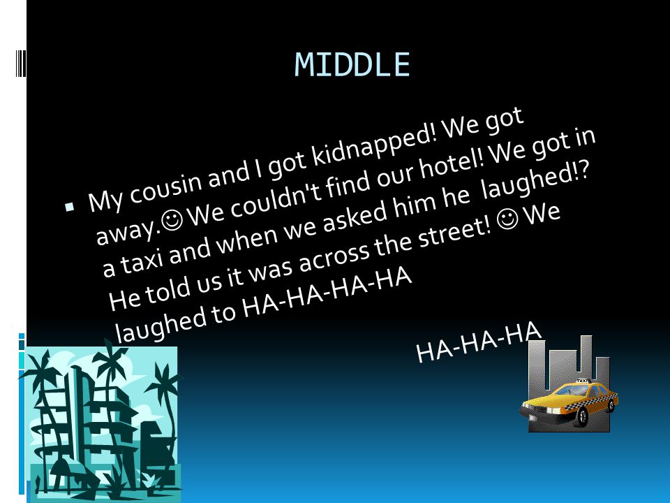  My cousin and I got kidnapped. We got away. We couldn t find our hotel.