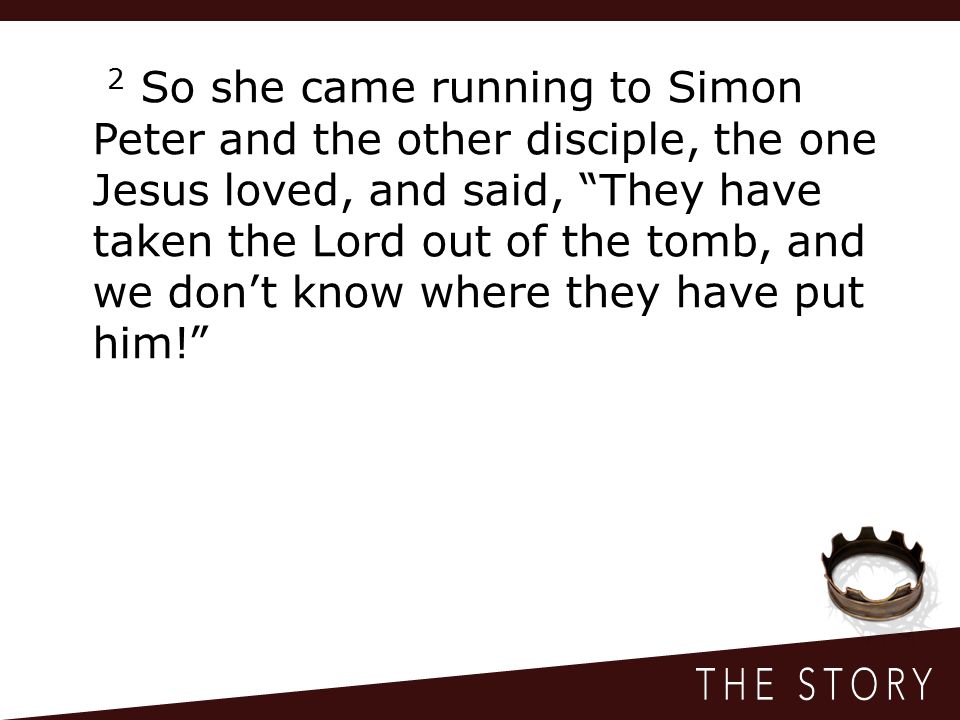 2 So she came running to Simon Peter and the other disciple, the one Jesus loved, and said, They have taken the Lord out of the tomb, and we don’t know where they have put him!