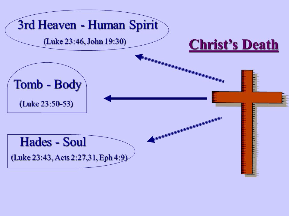 Christ’s Death 3rd Heaven - Human Spirit (Luke 23:46, John 19:30) Hades - Soul (Luke 23:43, Acts 2:27,31, Eph 4:9) Tomb - Body (Luke 23:50-53)