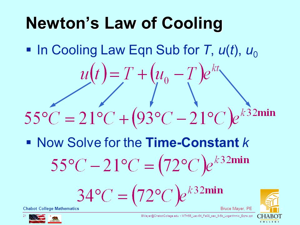 MTH55_Lec-64_Fa08_sec_9-5b_Logarithmic_Eqns.ppt 21 Bruce Mayer, PE Chabot College Mathematics Newton’s Law of Cooling  In Cooling Law Eqn Sub for T, u(t), u 0  Now Solve for the Time-Constant k