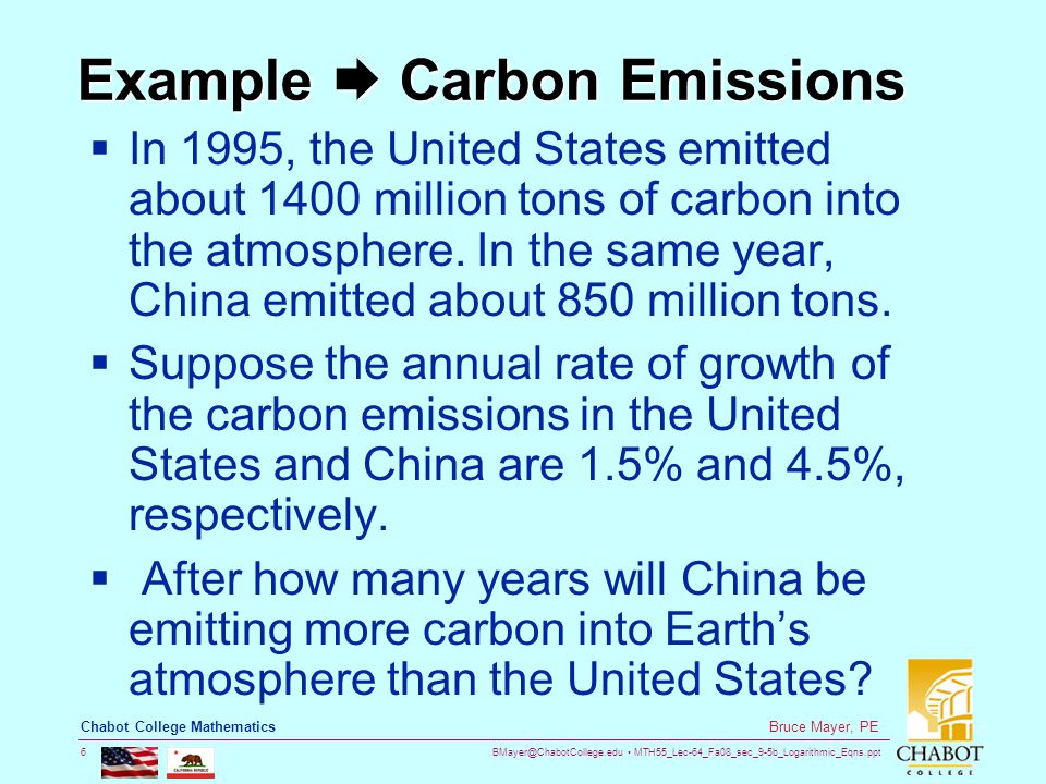 MTH55_Lec-64_Fa08_sec_9-5b_Logarithmic_Eqns.ppt 6 Bruce Mayer, PE Chabot College Mathematics Example  Carbon Emissions  In 1995, the United States emitted about 1400 million tons of carbon into the atmosphere.