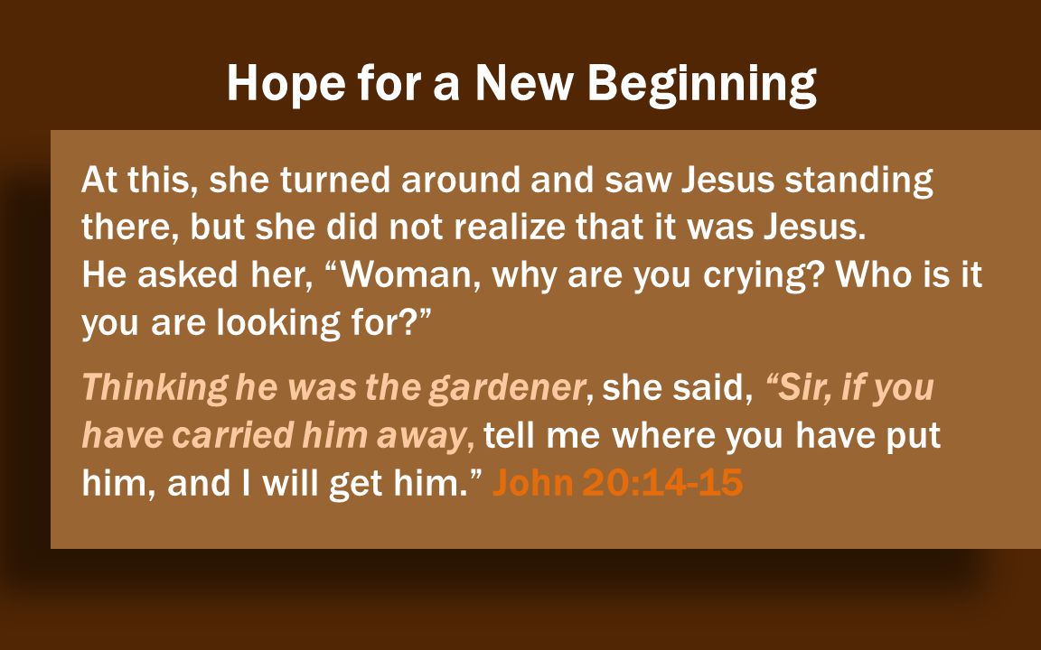 Hope for a New Beginning At this, she turned around and saw Jesus standing there, but she did not realize that it was Jesus.