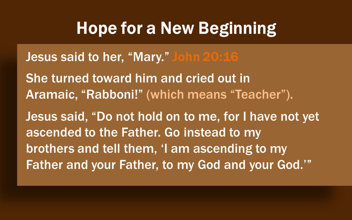 Hope for a New Beginning Jesus said to her, Mary. John 20:16 She turned toward him and cried out in Aramaic, Rabboni! (which means Teacher ).