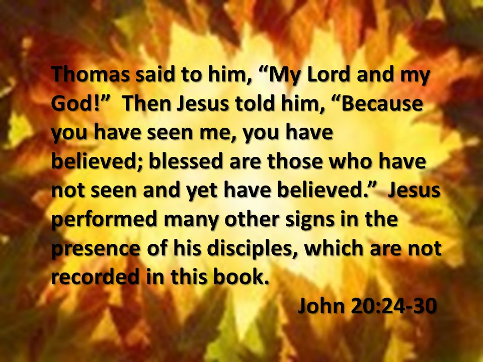 Thomas said to him, My Lord and my God! Then Jesus told him, Because you have seen me, you have believed; blessed are those who have not seen and yet have believed. Jesus performed many other signs in the presence of his disciples, which are not recorded in this book.
