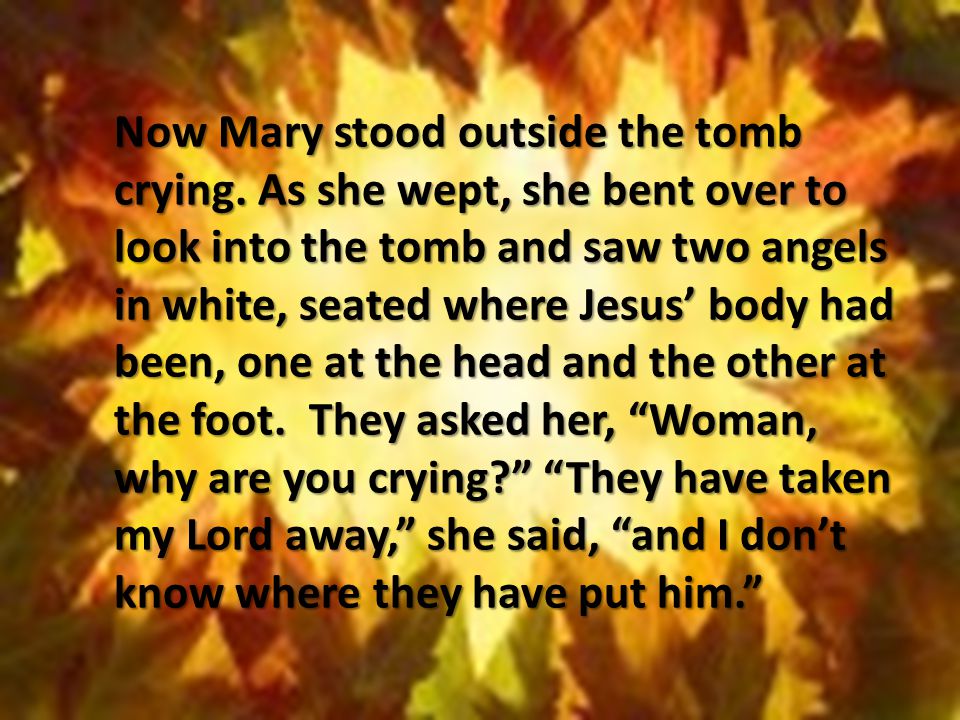 Now Mary stood outside the tomb crying.