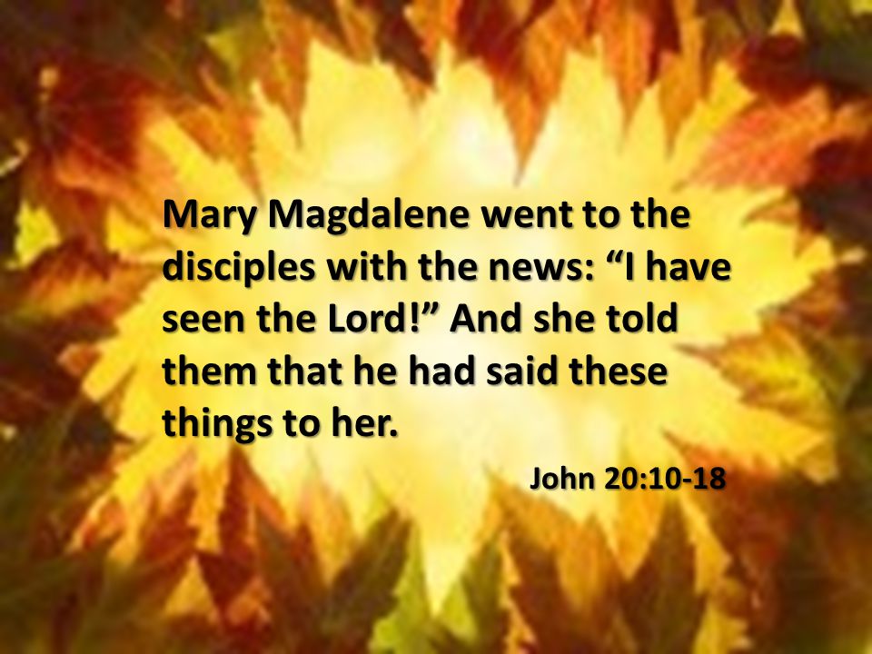 Mary Magdalene went to the disciples with the news: I have seen the Lord! And she told them that he had said these things to her.