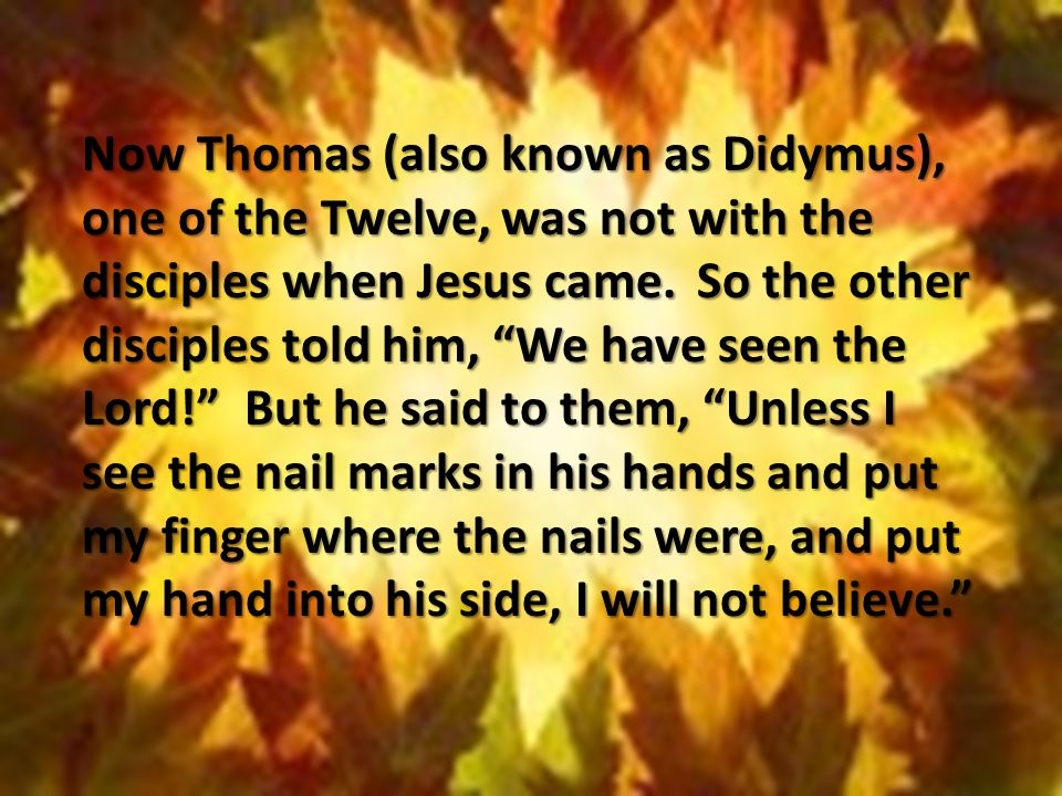 Now Thomas (also known as Didymus), one of the Twelve, was not with the disciples when Jesus came.